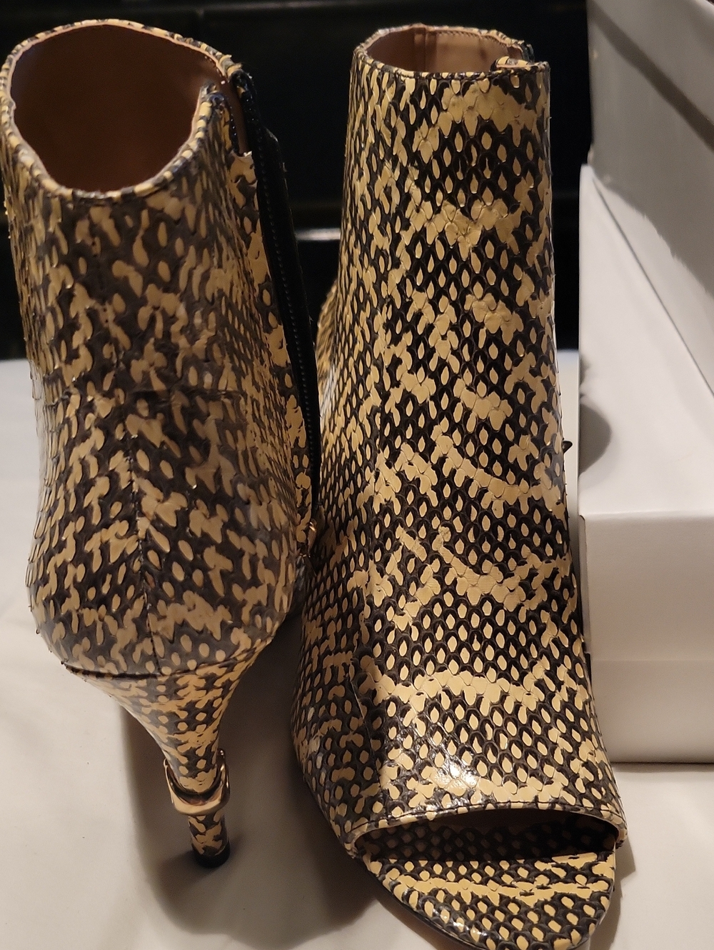 Coach Beige and Black Snake-Print Peep-Toe Ankle Booties